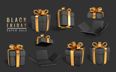 Set of Gift Box on dark background. Black friday promo banner design. Vector Illustration