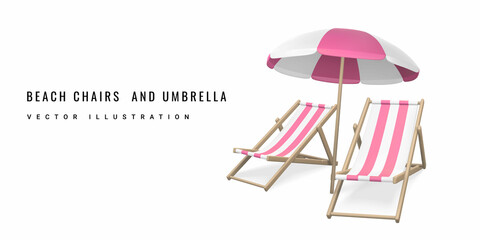 Summer 3d realistic render vector objects. Sun umbrella and striped beach chairs. Vector illustration