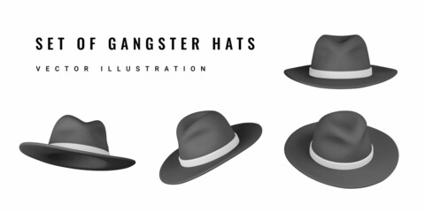 Set of 3D realistic gangster hat. Mens hat. Black fedora hat with white ribbon. Trilby hat. Vector illustration - obrazy, fototapety, plakaty