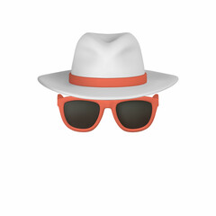 Realistic 3d mans hat and sunglasses  on white background. Summertime object. Vector illustration