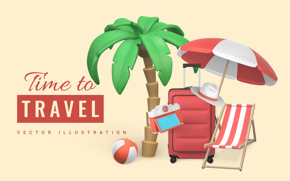 Time to travel promo banner design. Cartoon 3d travel trolley bag, tropical palm tree, sun umbrella, swim ball, beach chair, camera and hat. Summertime object. Vector illustration