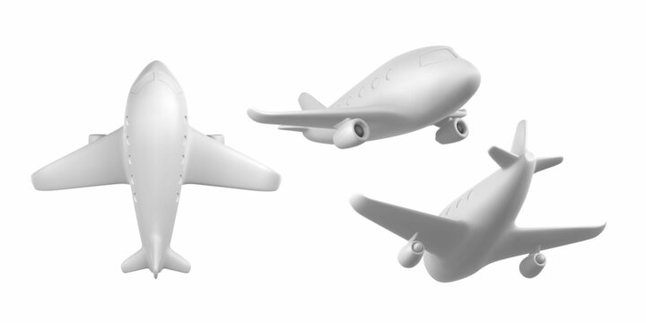 3D cartoon white plane. Realistic Jet Airplane on white background. Vector illustration