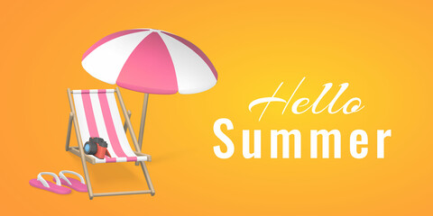 Hello summer promo banner design. Summer 3d realistic render vector objects. Sun umbrella, beach chair, camera and slippers. Vector illustration