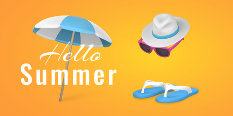 Hello summer promo banner design. Summer 3d realistic render vector objects. Sun umbrella, sunglasses, hat and slippers. Vector illustration