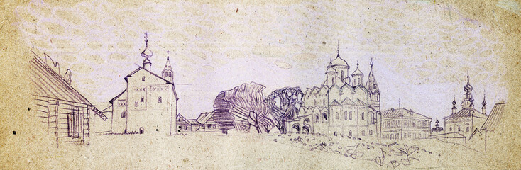 Architectural pencil and pastel sketch on faded craft paper. Orthodox monastery in Suzdal, Russia - obrazy, fototapety, plakaty