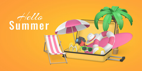 Fototapeta na wymiar Hello summer promo banner design. Cartoon 3d open travel trolley bag, Tropical palm tree, sun umbrella, swim ring, beach chair, surf board, camera and slippers. Summertime object. Vector illustration
