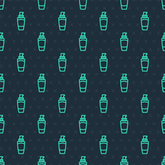Green line Tube of hand cream icon isolated seamless pattern on blue background. Vector