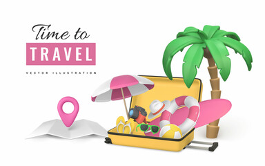 Time to travel promo banner design. Cartoon 3d open travel trolley bag, Tropical palm tree, sun umbrella. Summertime object. Vector illustration