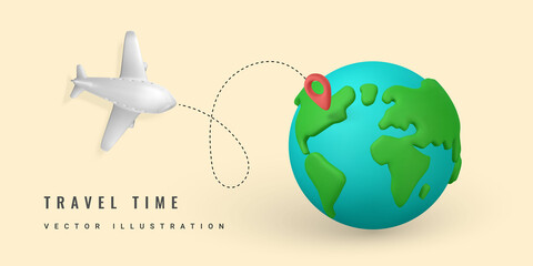 Time to travel promo banner design. 3D plane with pin location and planet Earth in minimal style. Summer travel. Vector illustration