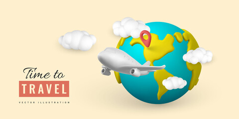 Time to travel promo banner design. Set of 3D plane with pin location, cloud and planet Earth in minimal style. Summer travel. Vector illustration