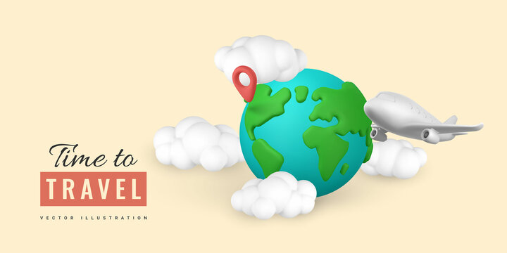 Time to travel promo banner design. 3D plane with pin location, cloud and planet Earth in minimal style. Summer travel. Vector illustration