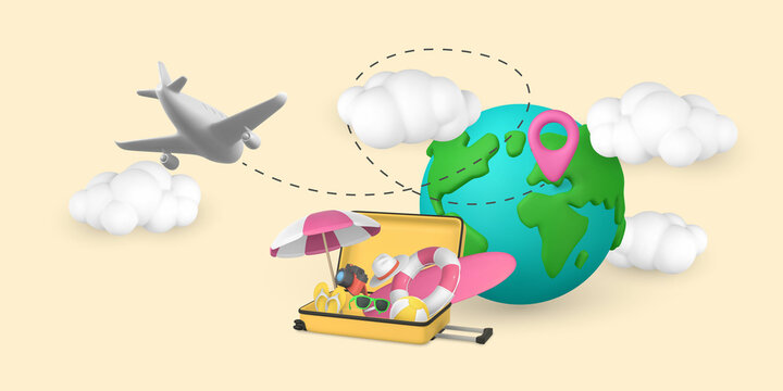 Time to travel promo banner design. Cartoon 3d open travel trolley bag with summer objects, plane, cloud and planet with pin map. Summertime object. Vector illustration