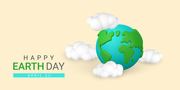 Happy Earth day promo banner design. 3D cartoon Earth with clouds. Vector illustration