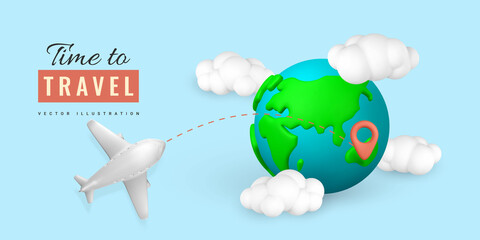 Time to travel promo banner design. 3D plane with pin location, cloud and planet Earth in minimal style. Summer travel. Vector illustration