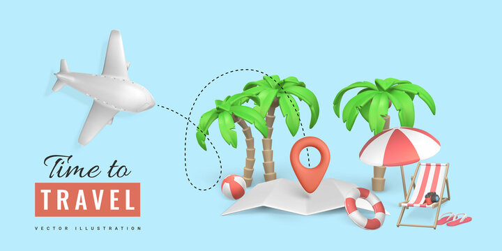Time to travel promo banner design. Summer 3d realistic render vector objects. Tropical palm tree, sun umbrella, swim ring, beach chair and plane. Vector illustration