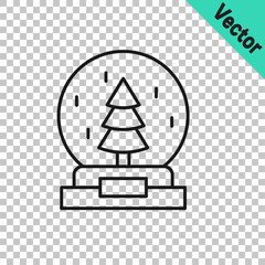 Black line Christmas snow globe with fallen snow and christmas tree icon isolated on transparent background. Merry Christmas and Happy New Year. Vector