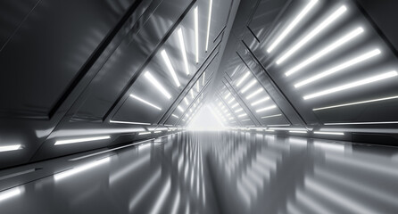 Futuristic Cyber Tunnel, Sci Fi Dark Lights corridor interior design. Triangle Metal Structures Future concept design. 3D Rendering