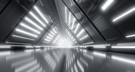 Futuristic Cyber Tunnel, Sci Fi Dark Lights corridor interior design. Triangle Metal Structures Future concept design. 3D Rendering