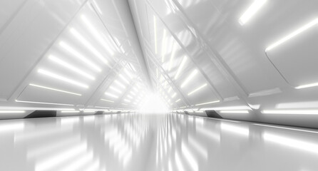 Abstract Futuristic corridor interior design with lights. Triangle Spaceship Tunnel Future concept. 3D Rendering