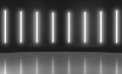 Abstract Futuristic minimal wall scene with vertical glowing neon lighting. Product display presentation empty room concept . 3D Rendering