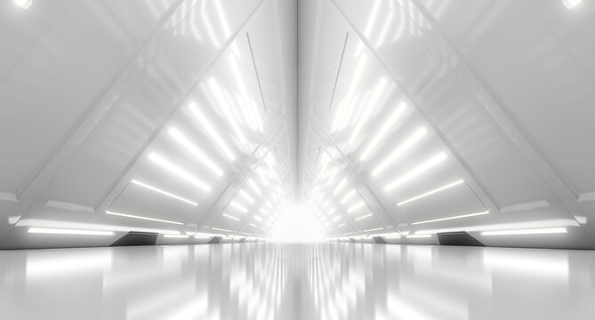 Abstract Futuristic corridor interior design with lights. Triangle Spaceship Tunnel Future concept. 3D Rendering © Chanchai