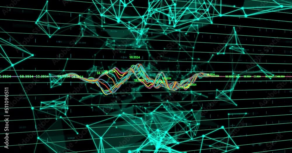 Poster animation of data processing over networks of connections on black background