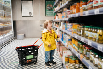 child in the market with a grocery cart, chooses a product