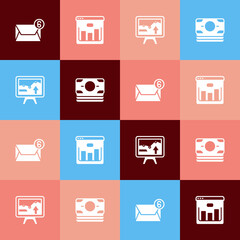 Set pop art Mail and e-mail, Browser with stocks market, Monitor graph chart and Stacks paper money cash icon. Vector