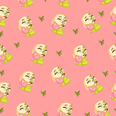 Beautiful seamless pattern on a pink background with a cute bunny and beautiful flowers.Texture for scrapbooking, wrapping paper, invitations. Vector illustration.