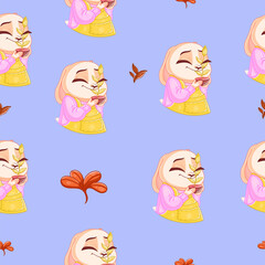 Beautiful seamless pattern on a blue background with a cute bunny and beautiful flowers.Texture for scrapbooking, wrapping paper, invitations. Vector illustration.