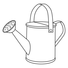 Coloring page with Watering Can. Colorless cartoon garden watering can. Template of coloring book with gardening tool to water the plants and flowers. Practice worksheet or Anti-stress page for kids.