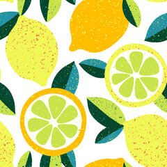 Fresh fruits seamless pattern. Vector illustration. Sliced citrus on a white background.