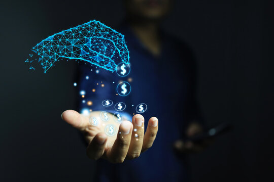 A man's hand receives a coin from a digital hand. low poly is money from transactions via smartphones or from trading through the application system. Accessing money with technology concepts.