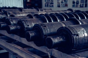 Drive shafts in factory. Close up image