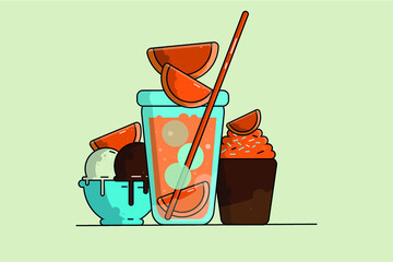 Fresh fruit cocktail near ice-cream and orange muffin, Sweet summer food vector illustration, Orange soda near chocolate and vanilla ice-cream and orange cupcake