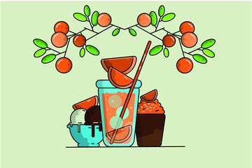 Fresh fruit cocktail near ice-cream and orange muffin, Sweet summer food vector illustration, Orange soda near chocolate and vanilla ice-cream and orange cupcake