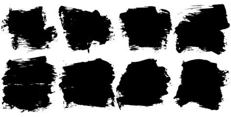 Black paint brush strokes, dirty inked grunge art brushes. Dirty ink texture splatters. Grunge rectangle text boxes
