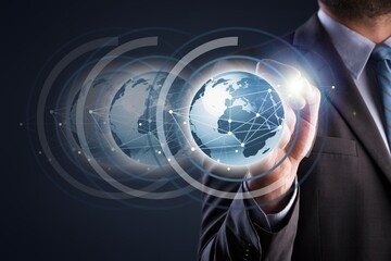 Digital communication and virtual technology concept and metaverse. hand touch globe internet.