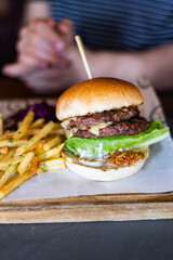 English Pub or Restaurant Food such as Double Beef Burger and Chips