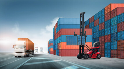 Transport of Container Truck on highway and Container Handler forklift lifting in shipping yard background, Logistics import export goods of freight carrier and transportation industry concept