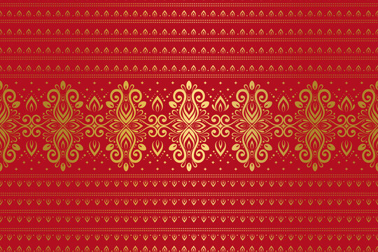 Gold and red Indian seamless pattern with luxury floral ornament. Traditional Arabic, Turkish motifs. Great for fabric and textile, wallpaper, packaging or any desired idea.