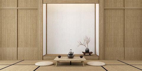 Traditional japanese tea room interior with tatami mats.3d rendering
