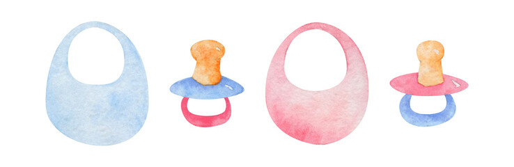 Baby bib and pacifier watercolor set on isolated white background. For designing greeting cards, social media, stationery, printing on objects, etc.