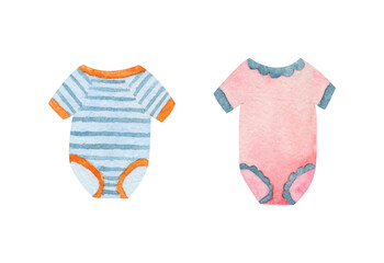 Baby bodysuit watercolor set on isolated white background. For designing greeting cards, social media, stationery, printing on objects, etc.
