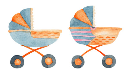 Baby carriage watercolor set on isolated white background. For designing greeting cards, social media, stationery, printing on objects, etc.