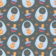 Baby watercolor seamless pattern on isolated  background. Blue bib, pacifier. For greeting cards, stationery, wrapping paper, wallpaper, splash screen, social media, etc.