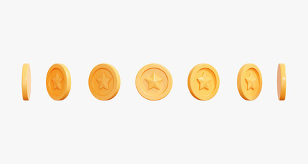 3D Gold coin set at different rotation angles. Creative design icon for game and animation isolated on white background. All rotation view. Realistic coin with star. Cartoon collection. 3D Rendering