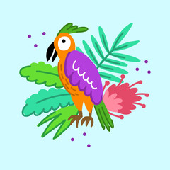 Obraz premium Cartoon parrot sitting in flowers