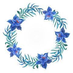 Watercolour tropical wreath with blue flower and green leaves, fern on white background
