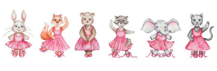 Watercolor illustration of hand painted fox, bear, hare, elephant, panther, raccoon girls in dance studio in pink dresses and ballet shoes. Cartoon animal characters. Isolated clip art for posters © Olga Sidelnikova